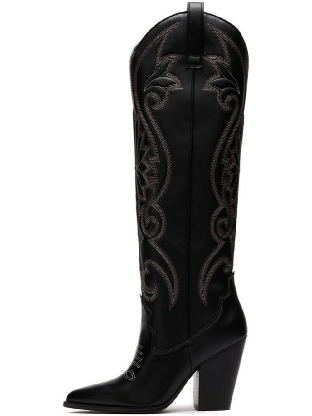 Women' Black Leather Pull-on Pointed Toe Western Cowboy Cowgirl Knee High Boots